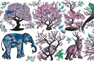 Japanese cherry tree with cherry blossoms, a blue lynx sitting on a branch, a green lizard climbing the tree, eagle perched on top of tree, and elephant standing at base of the tree tattoo idea