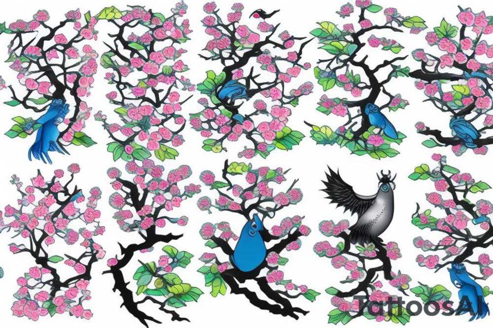 Japanese cherry tree with cherry blossoms, a blue lynx sitting on a branch, a green lizard climbing the tree, eagle perched on top of tree, and elephant standing at base of the tree tattoo idea
