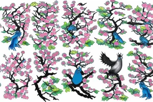 Japanese cherry tree with cherry blossoms, a blue lynx sitting on a branch, a green lizard climbing the tree, eagle perched on top of tree, and elephant standing at base of the tree tattoo idea