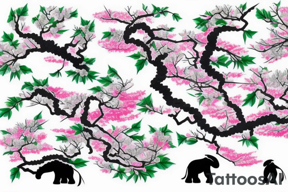 Japanese cherry tree with cherry blossoms, a blue lynx sitting on a branch, a green lizard climbing the tree, eagle perched on top of tree, and elephant standing at base of the tree tattoo idea