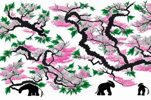 Japanese cherry tree with cherry blossoms, a blue lynx sitting on a branch, a green lizard climbing the tree, eagle perched on top of tree, and elephant standing at base of the tree tattoo idea