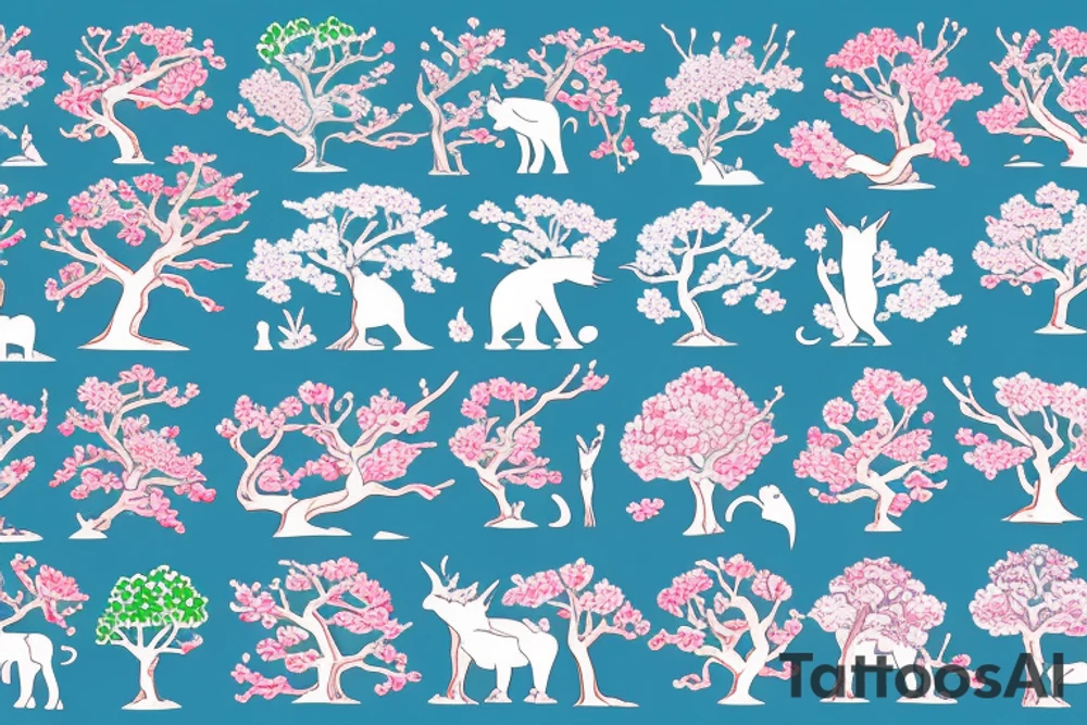 Japanese cherry tree with cherry blossoms, a blue lynx sitting on a branch, a green lizard climbing the tree, eagle perched on top of tree, and elephant standing at base of the tree tattoo idea