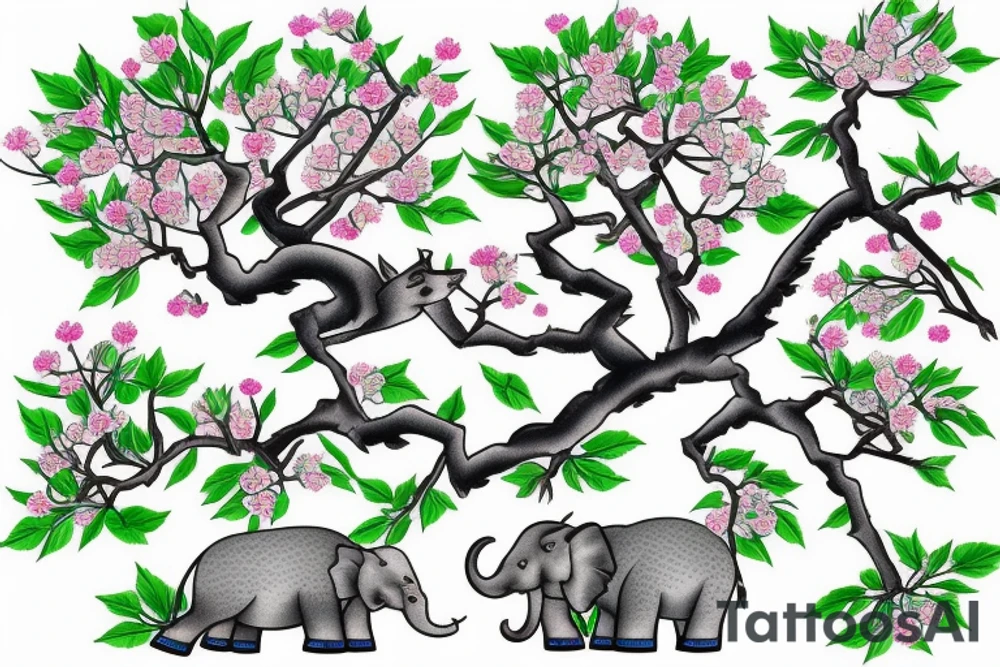 Japanese cherry tree with cherry blossoms, a blue lynx sitting on a branch, a green lizard climbing the tree, eagle perched on top of tree, and elephant standing at base of the tree tattoo idea