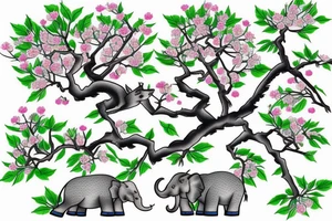 Japanese cherry tree with cherry blossoms, a blue lynx sitting on a branch, a green lizard climbing the tree, eagle perched on top of tree, and elephant standing at base of the tree tattoo idea