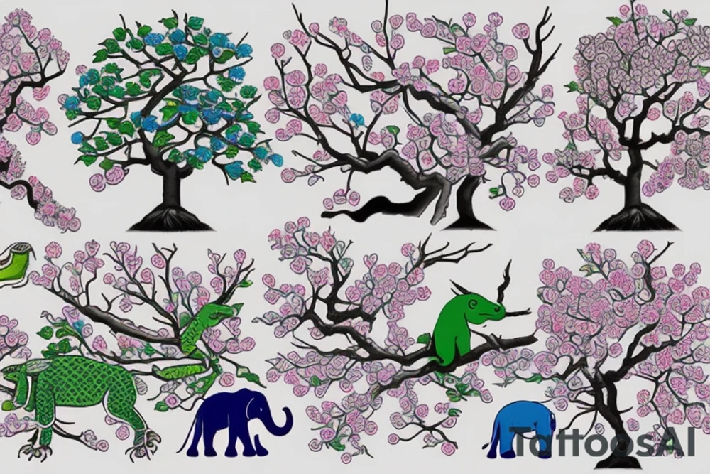Japanese cherry tree with cherry blossoms, a blue lynx sitting on a branch, a green lizard climbing the tree, eagle perched on top of tree, and elephant standing at base of the tree tattoo idea