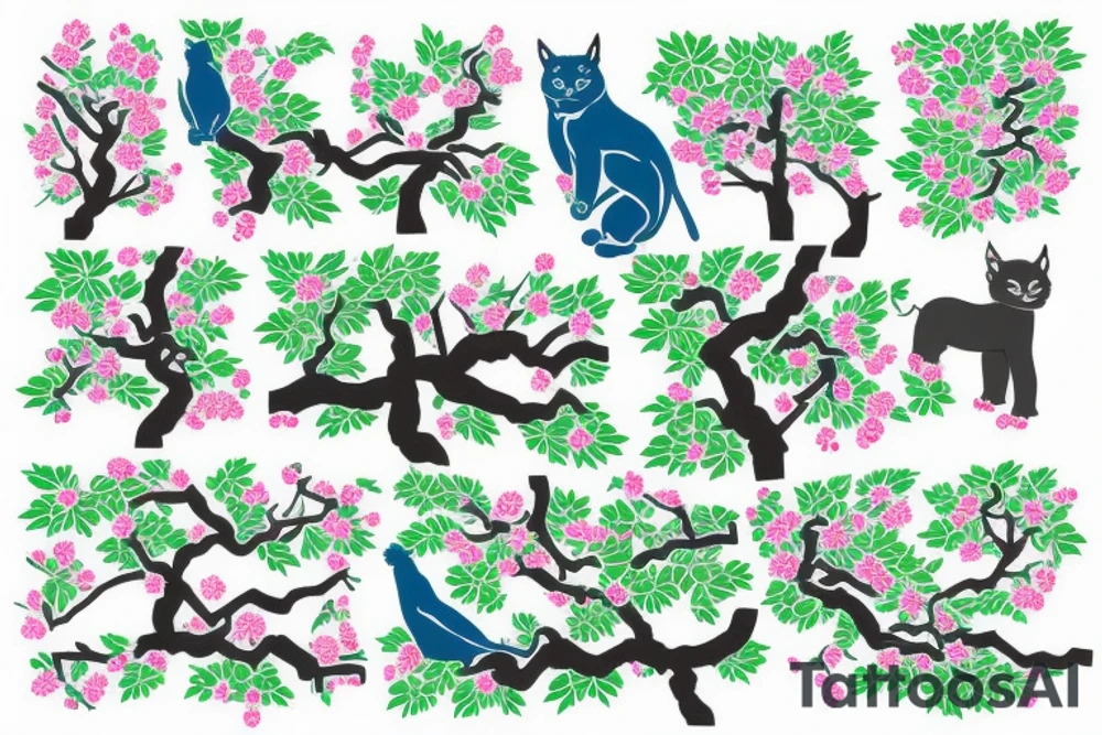 Japanese cherry tree with cherry blossoms, a blue lynx sitting on a branch, a green lizard climbing the tree, eagle perched on top of tree, and elephant standing at base of the tree tattoo idea