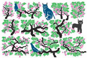 Japanese cherry tree with cherry blossoms, a blue lynx sitting on a branch, a green lizard climbing the tree, eagle perched on top of tree, and elephant standing at base of the tree tattoo idea