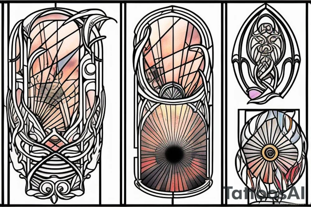 Colored glass window slightly open to the view of the coast with sun rays coming in in the style of art nouveau tattoo idea