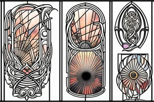 Colored glass window slightly open to the view of the coast with sun rays coming in in the style of art nouveau tattoo idea