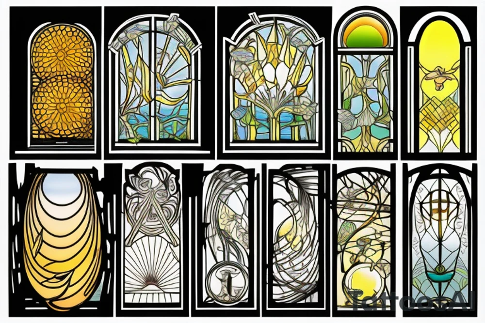 Colored glass window slightly open to the view of the coast with sun rays coming in in the style of art nouveau tattoo idea