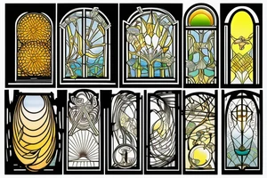 Colored glass window slightly open to the view of the coast with sun rays coming in in the style of art nouveau tattoo idea