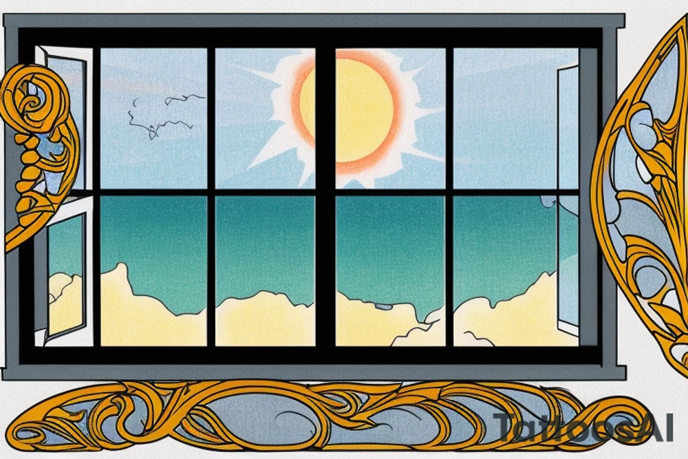 Window slightly open to the view of the coast with sun rays coming in in the style of art nouveau tattoo idea