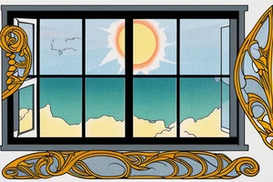 Window slightly open to the view of the coast with sun rays coming in in the style of art nouveau tattoo idea