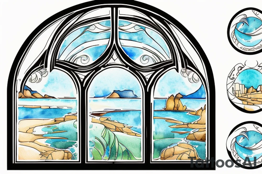 An arched Window slightly open to the view of the coast with sun rays coming in in the style of art nouveau tattoo idea