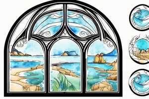 An arched Window slightly open to the view of the coast with sun rays coming in in the style of art nouveau tattoo idea