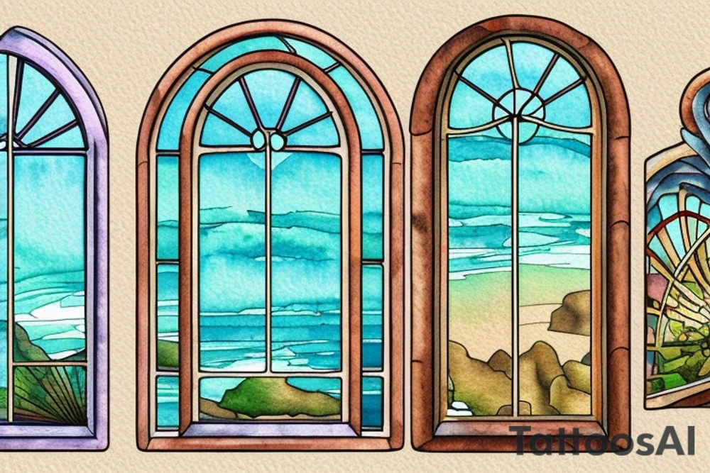 An arched Window slightly open to the view of the coast with sun rays coming in in the style of art nouveau tattoo idea
