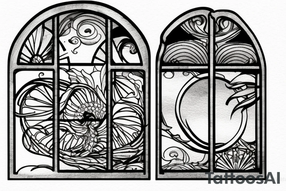 An arched Window with a view of the water with sun rays coming in in the style of art nouveau tattoo idea