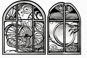 An arched Window with a view of the water with sun rays coming in in the style of art nouveau tattoo idea