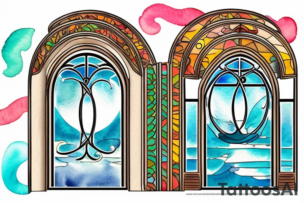An arched Window with a view of the water with sun rays coming in in the style of art nouveau tattoo idea