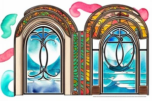 An arched Window with a view of the water with sun rays coming in in the style of art nouveau tattoo idea
