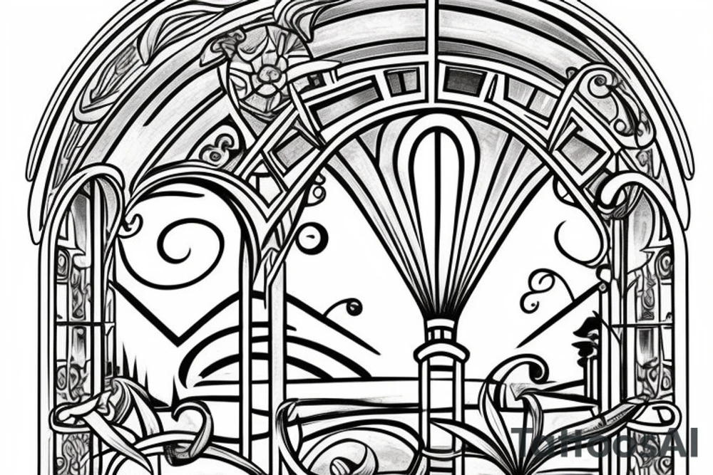 An arched Window with a view of the water with sun rays coming in in the style of art nouveau tattoo idea