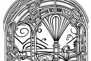 An arched Window with a view of the water with sun rays coming in in the style of art nouveau tattoo idea
