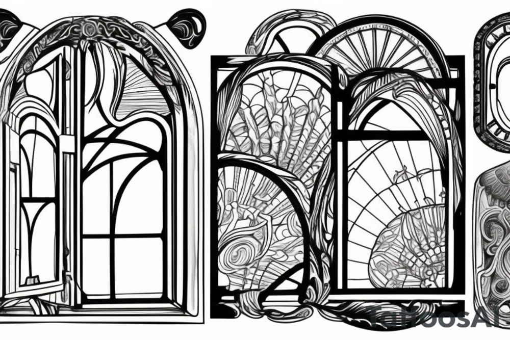 An arched Window with a view of the water with sun rays coming in in the style of art nouveau tattoo idea