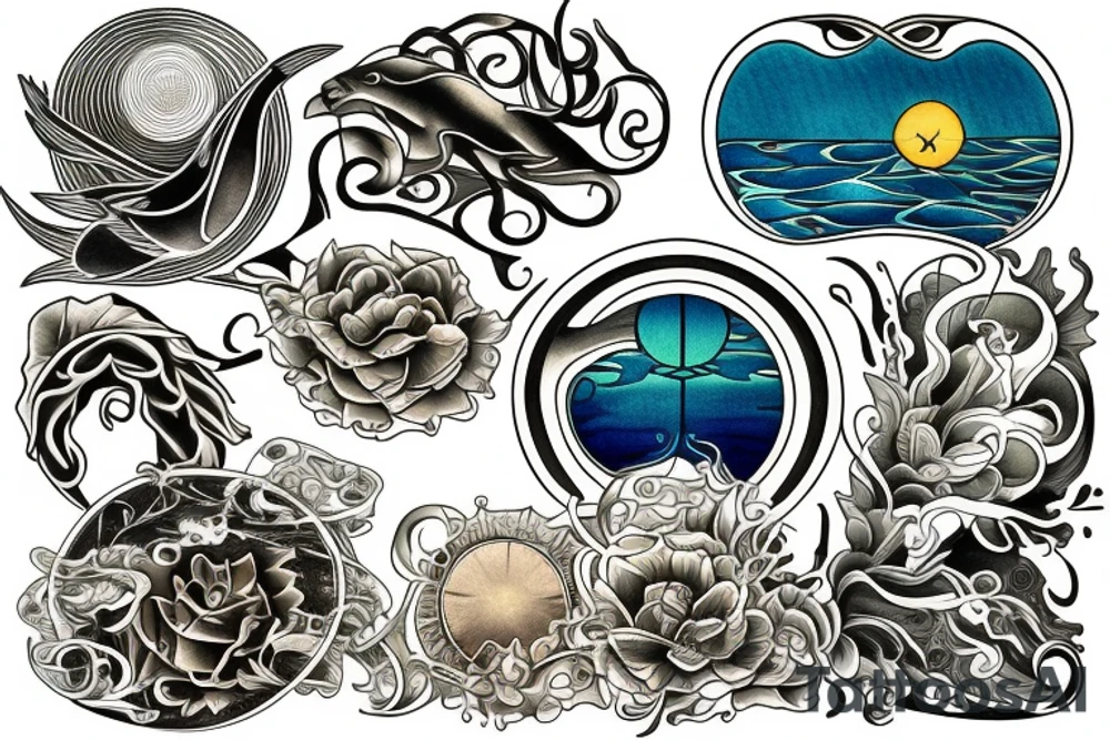 a view of the water with sun rays coming in in the style of art nouveau tattoo idea