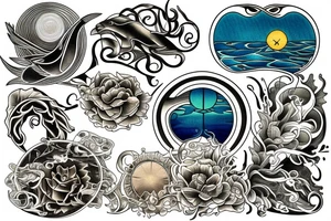 a view of the water with sun rays coming in in the style of art nouveau tattoo idea