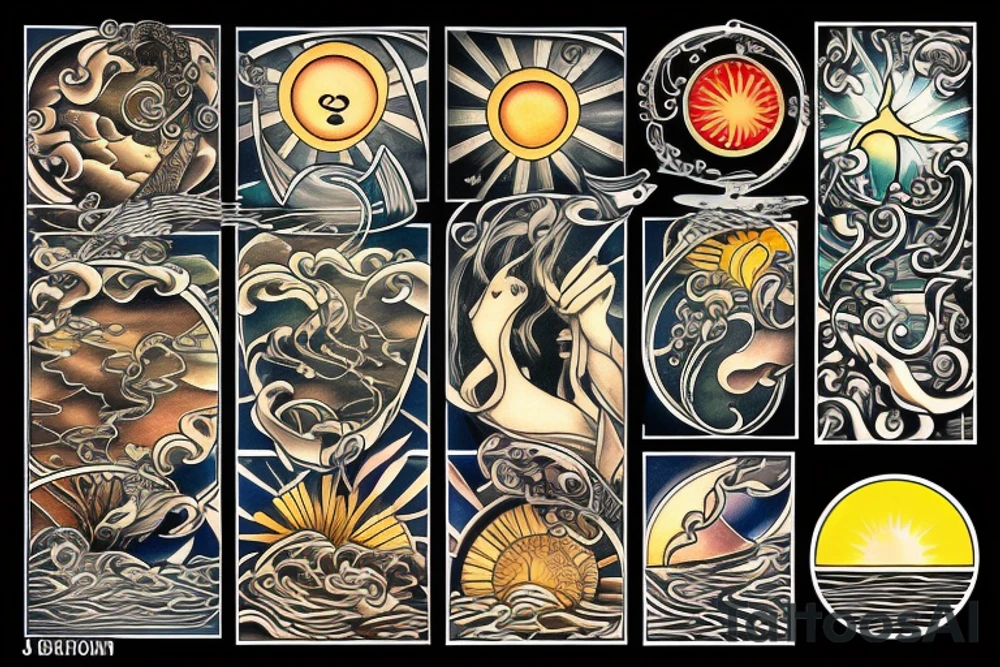 a view of the water with sun rays coming in in the style of art nouveau tattoo idea
