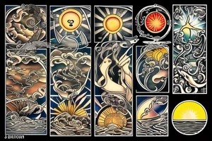 a view of the water with sun rays coming in in the style of art nouveau tattoo idea