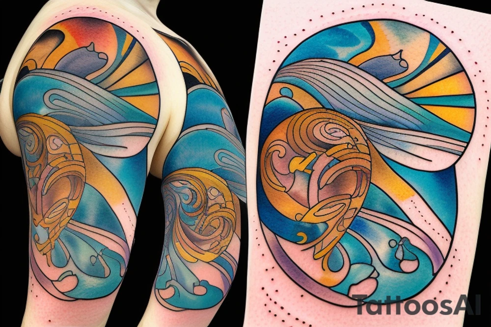 a view of the water with sun rays coming in in the style of art nouveau tattoo idea