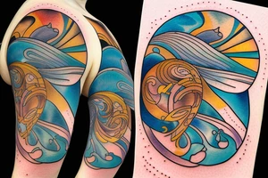 a view of the water with sun rays coming in in the style of art nouveau tattoo idea