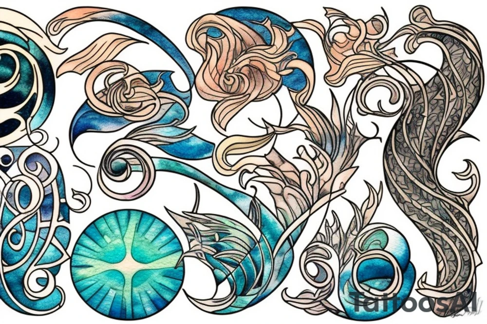 a view of the water with sun rays coming in in the style of art nouveau tattoo idea