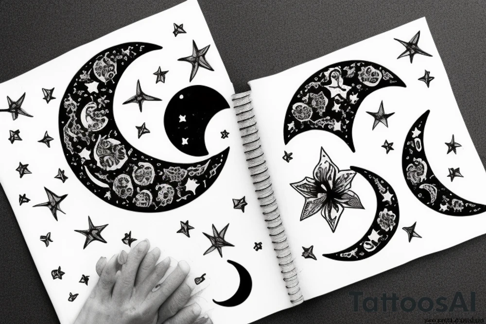 crescent moon with a flower and stars tattoo idea