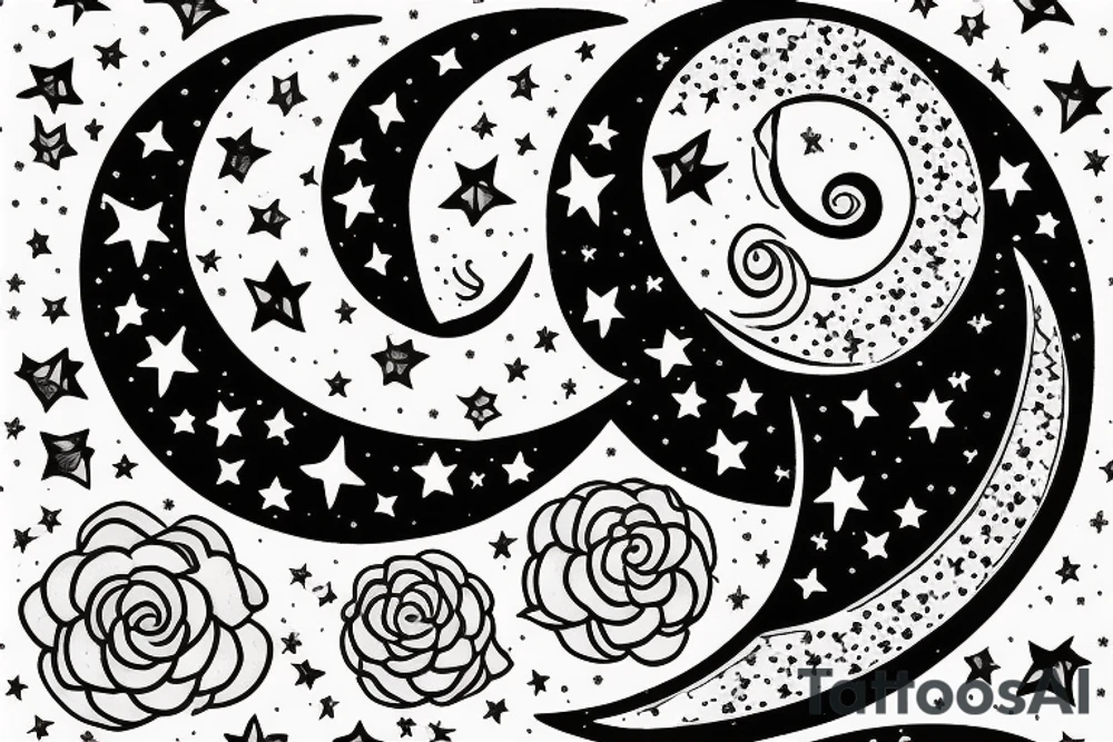 crescent moon with a flower and stars tattoo idea