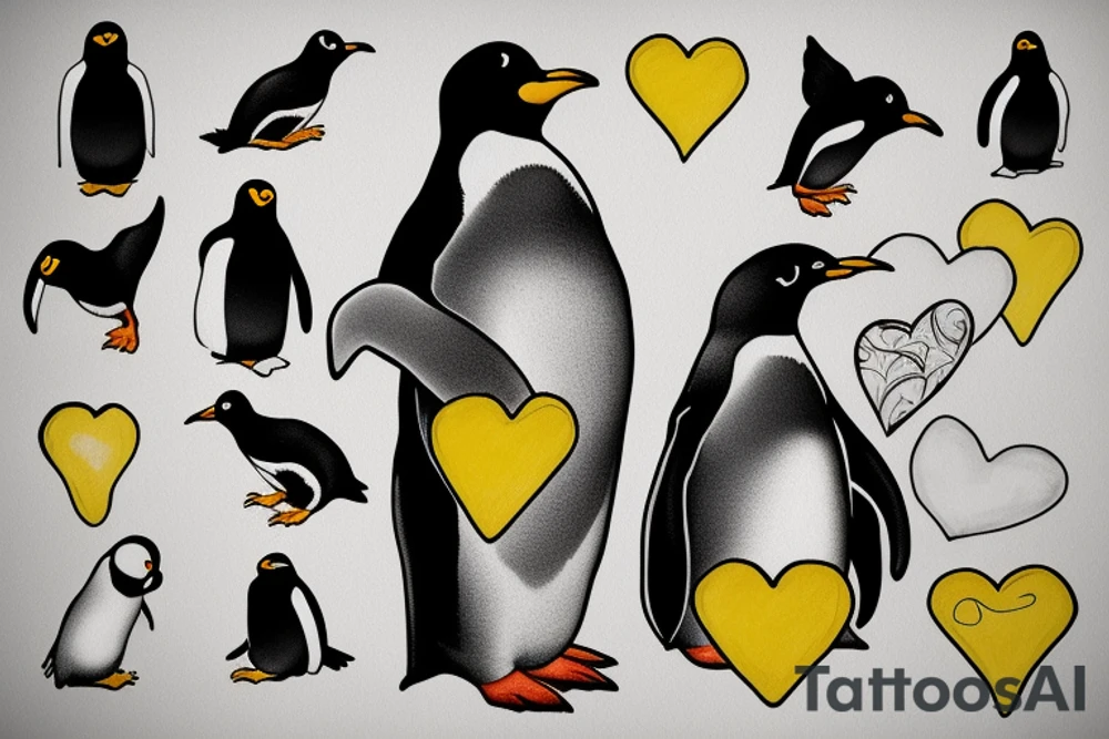 Penguin holding a yellow heart tattoo idea