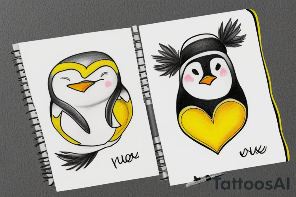 Penguin holding a yellow heart tattoo idea
