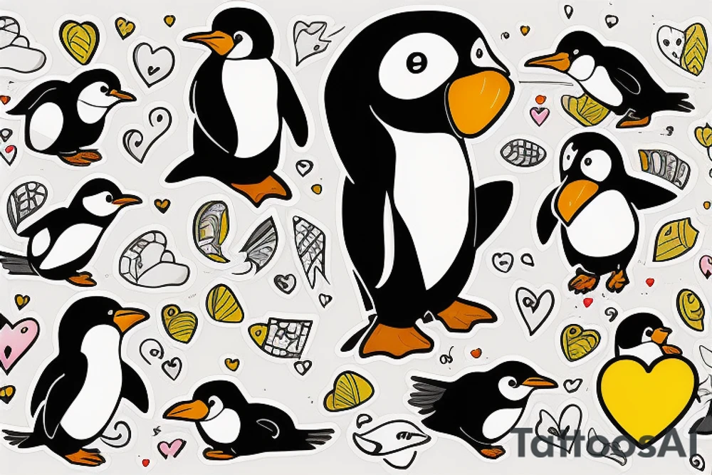 Penguin holding a yellow heart tattoo idea