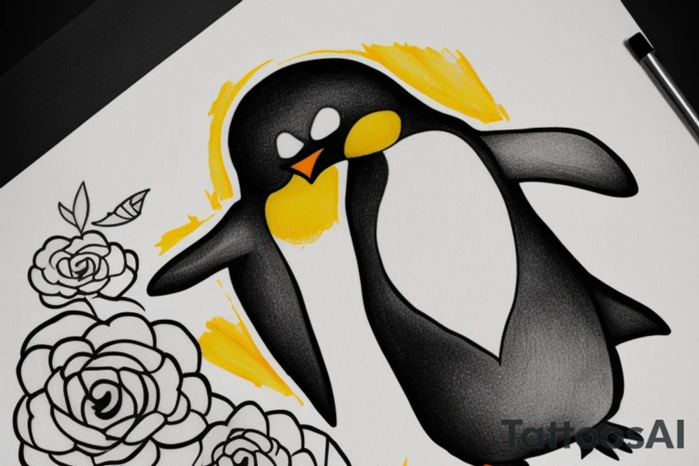 Penguin holding a yellow heart tattoo idea