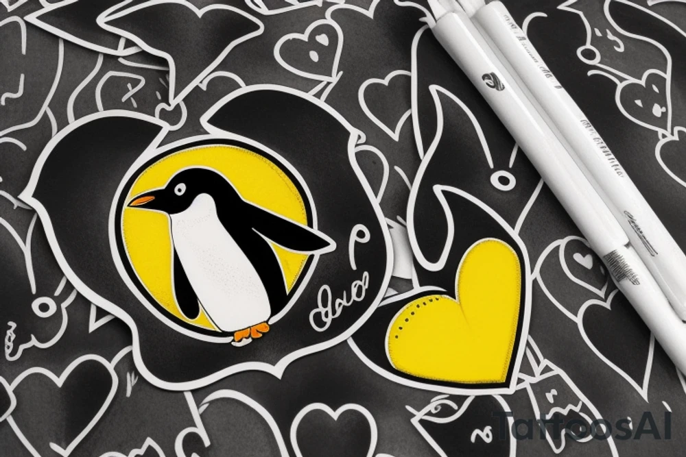Penguin in front of a yellow heart tattoo idea