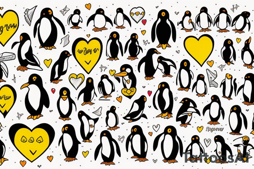 Penguin in front of a yellow heart tattoo idea