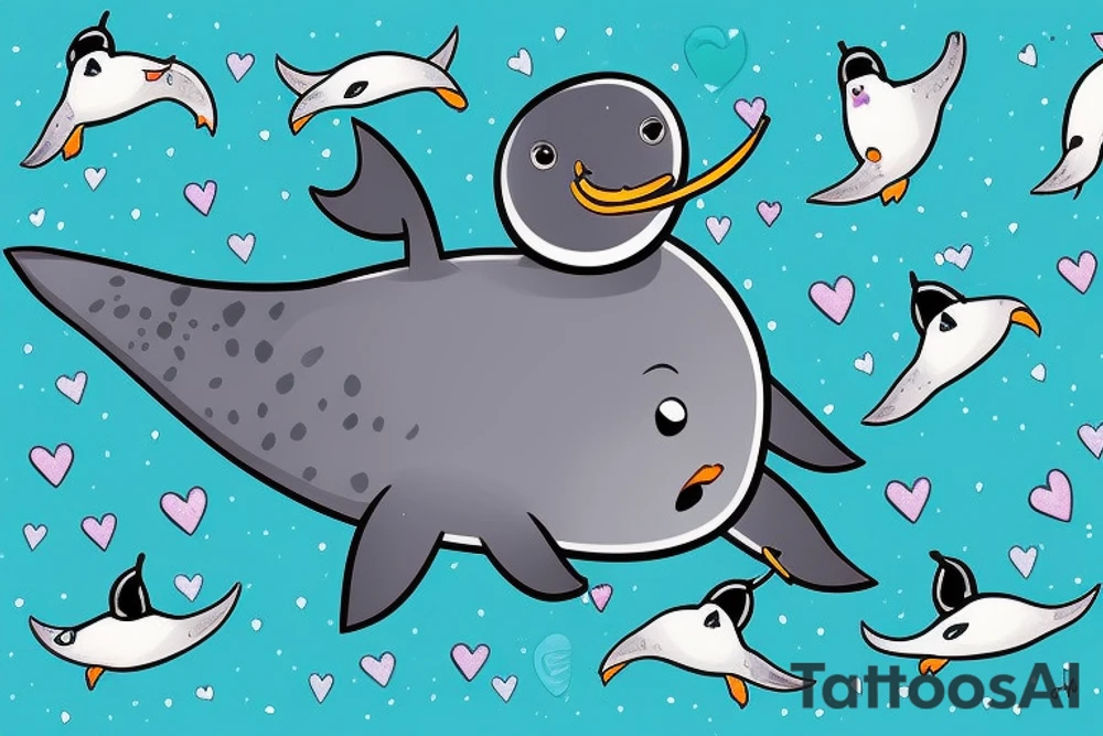 A narwhal with a penguin in a heart tattoo idea