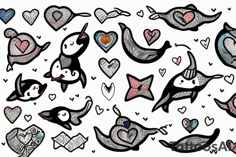 A narwhal with a penguin in a heart tattoo idea