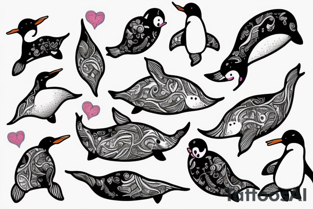 A narwhal with a penguin in a heart tattoo idea