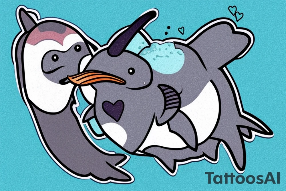 A narwhal with a penguin in a heart tattoo idea