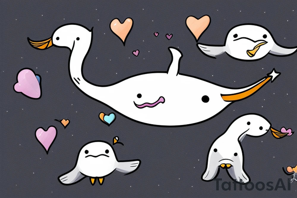 A narwhal with a penguin in a heart tattoo idea