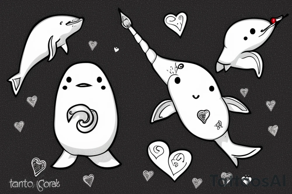 A narwhal with a penguin in a heart tattoo idea