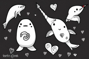 A narwhal with a penguin in a heart tattoo idea