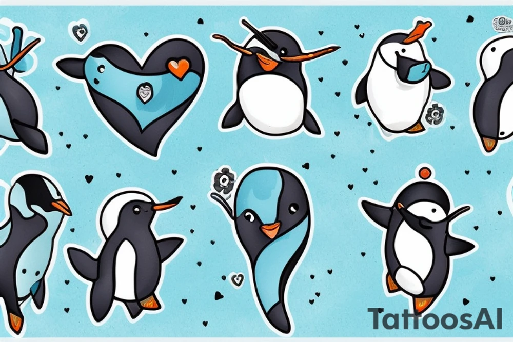 A narwhal with a penguin in a heart tattoo idea